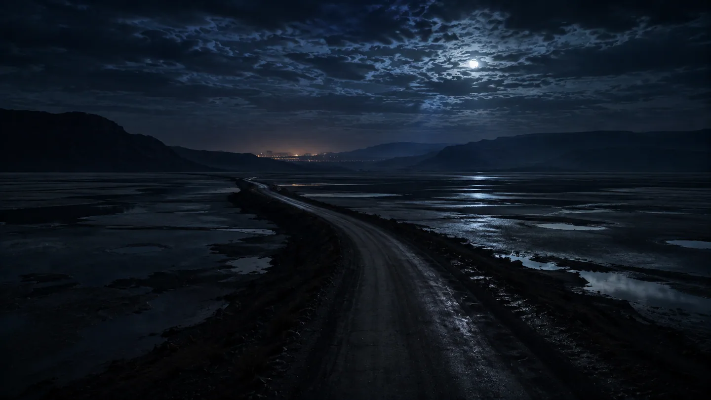 A raised road crossing the reflective Black Ridge Flats at night