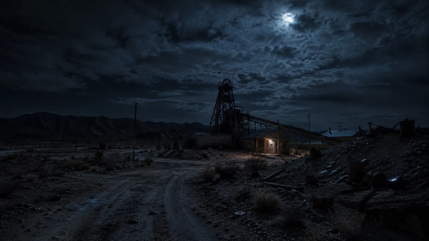 The abandoned Black Ridge Mine headframe and ore conveyor at night