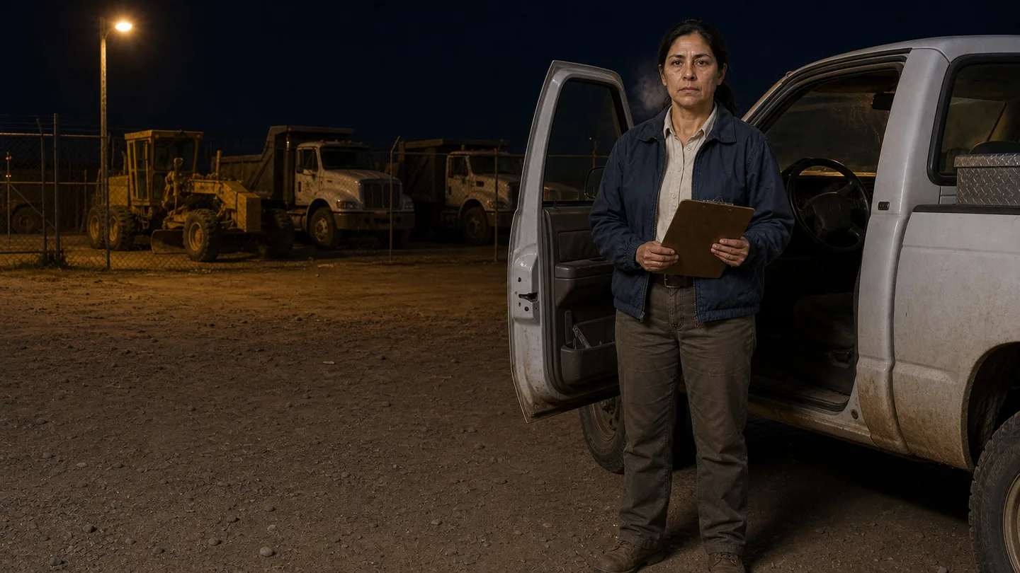 Road Superintendent Brenda Vargas at the county road yard after dark
