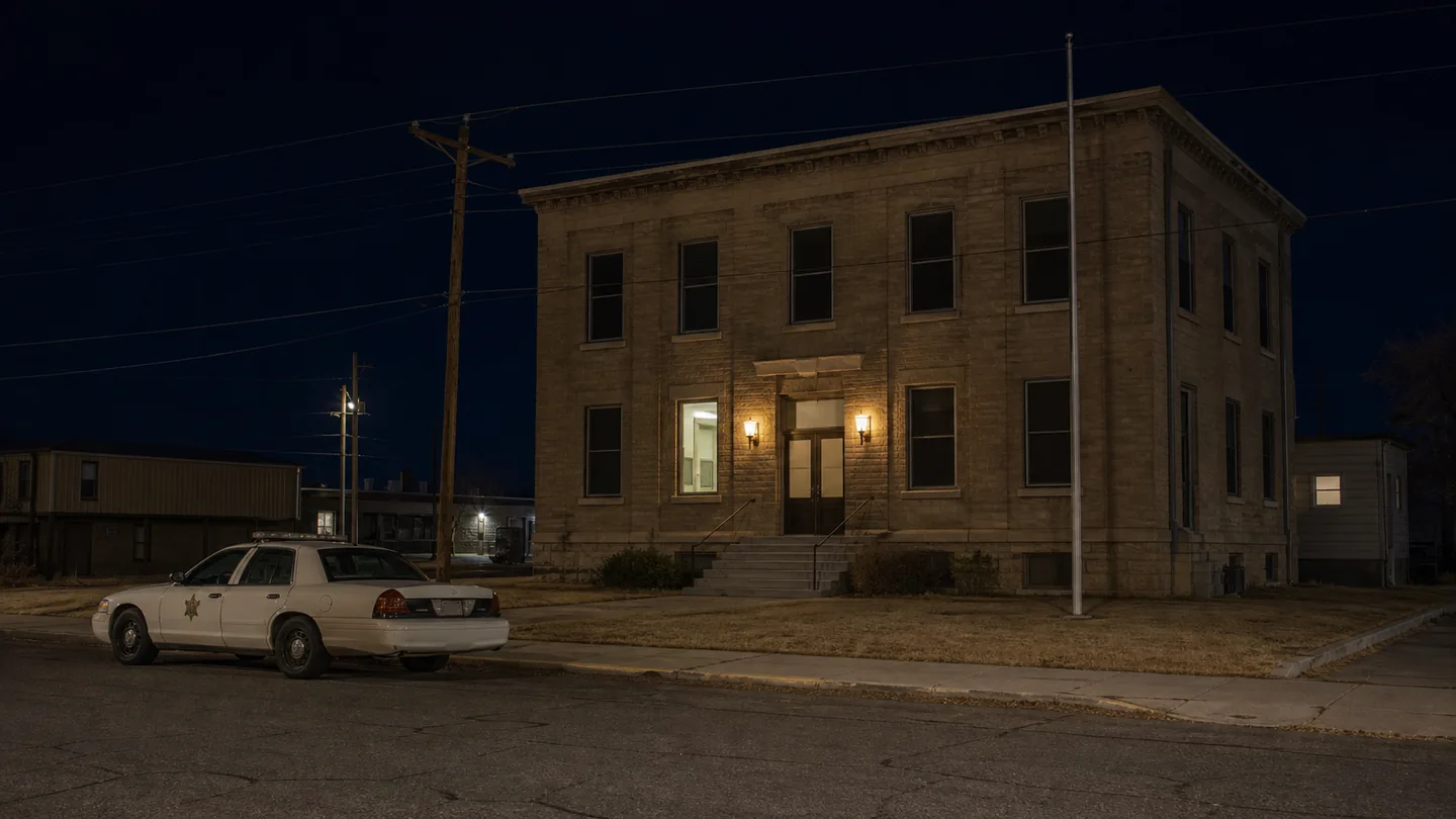 Mercy County courthouse at night