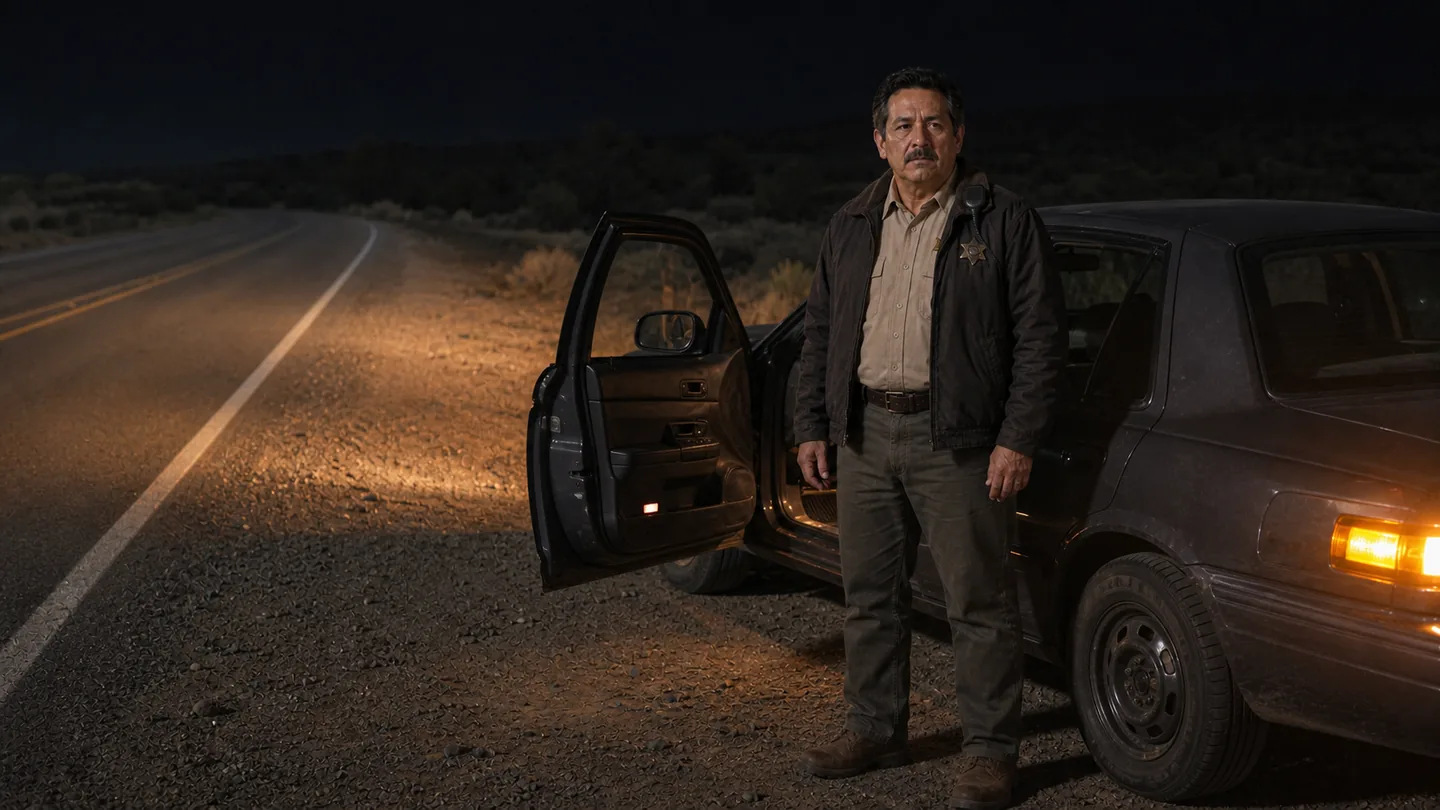 Sheriff Emiliano Robles beside an unmarked county car on a dark shoulder