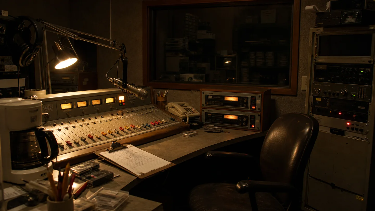 The KRD-7 air studio with console, cart machines, and an empty chair