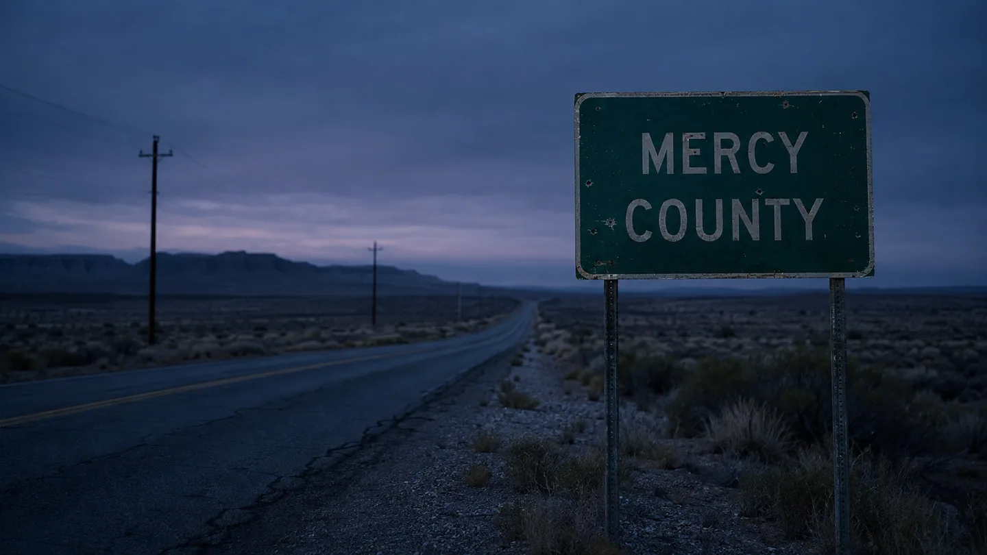 Mercy County boundary sign beside Route 17