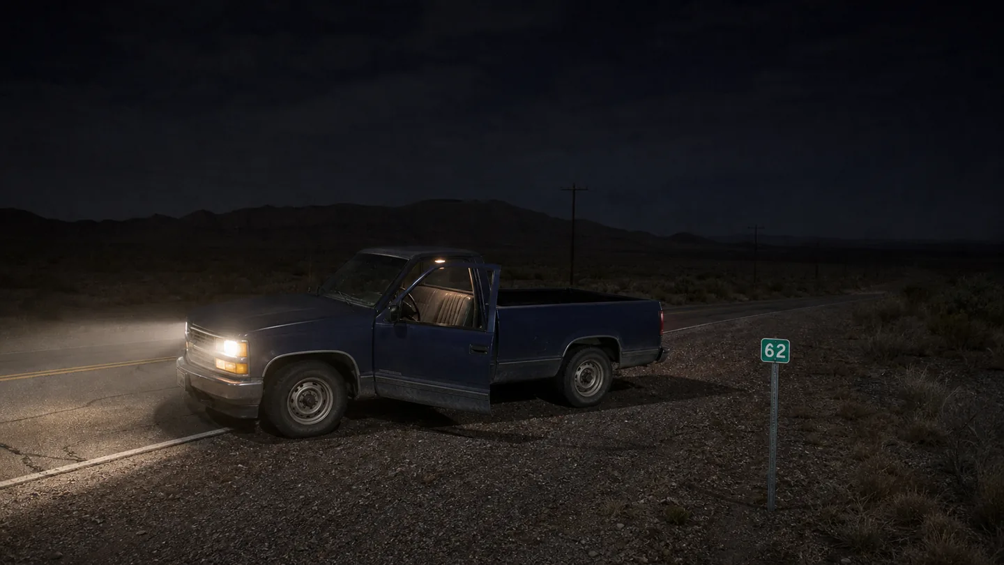 A dark blue pickup at Mile Marker 62 with its driver door open
