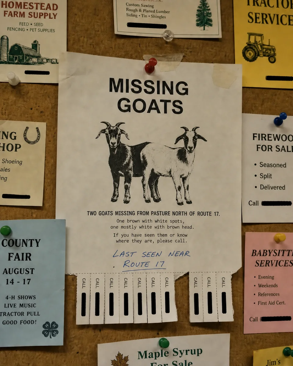 Community bulletin-board notice for two missing goats with Route 17 added in blue ink