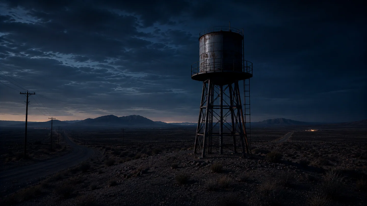 The Old Water Tower on a steel trestle above two desert roads